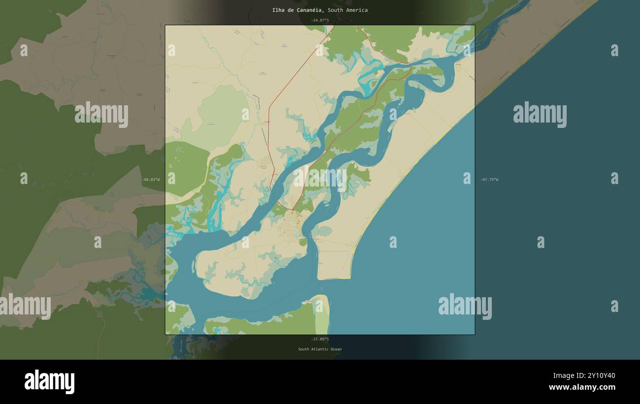 Ilha de Cananeia in the South Atlantic Ocean, belonging to Brazil, described and highlighted on a topographic, OSM Humanitarian style map Stock Photo