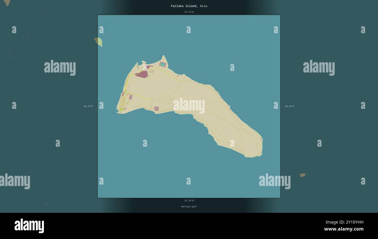 Failaka Island in the Persian Gulf, belonging to Kuwait, described and highlighted on a topographic, OSM Humanitarian style map Stock Photo