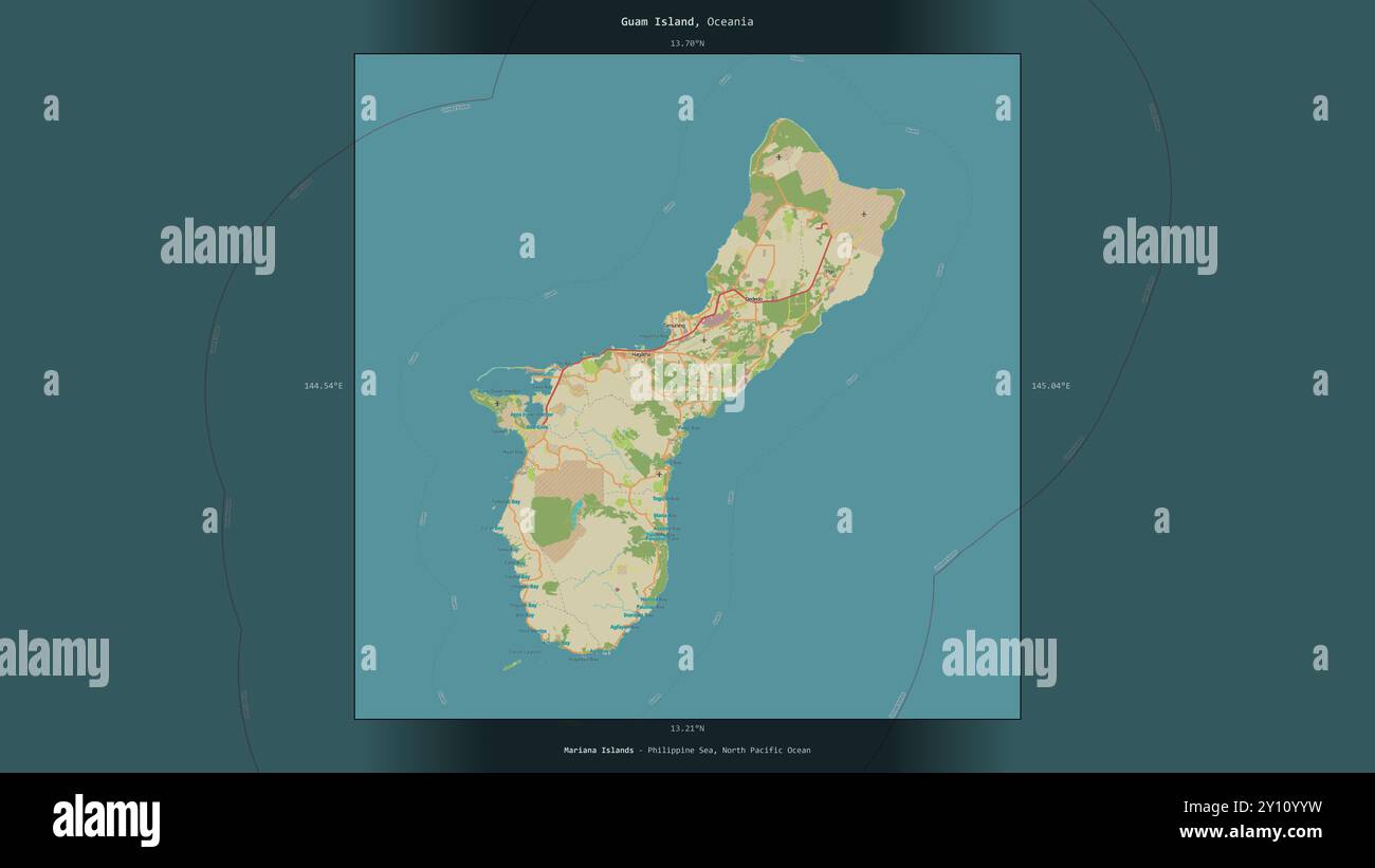 Guam Island In The Philippine Sea Belonging To United States Guam Island In The Philippine Sea Belonging To United States Described And Highlighted On A Topographic Osm Humanitarian Style Map 2Y10YYW 