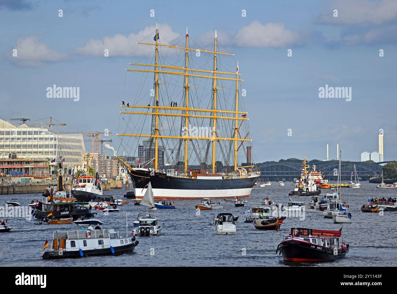 Europe, Germany, Hanseatic City of Hamburg, Harbor, Elbe, Arrival parade of the restored windjammer Peking, four-master built in Hamburg in 1911, Flying P-Liner of the shipping company F. Laeisz, cargo ship Stock Photo