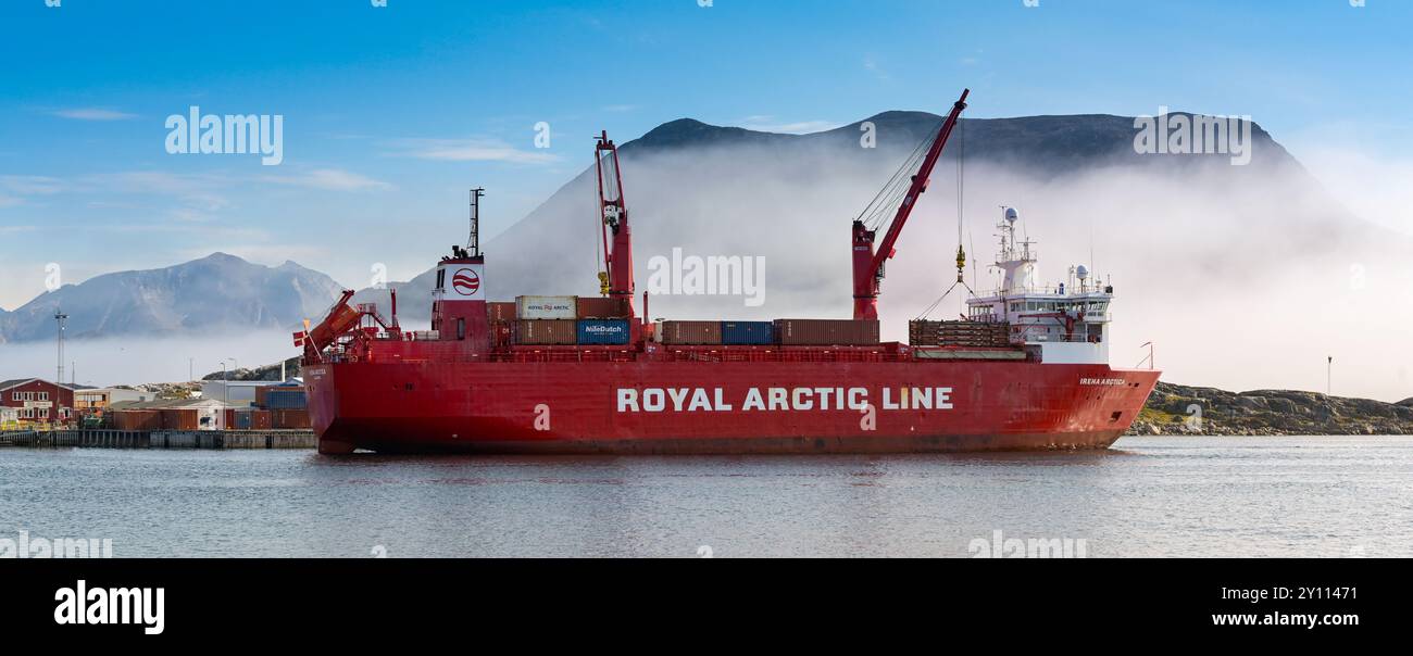 Nanortalik, Greenland - 27 August 2024: Cargo supply ship Irena Arctca moored in the town's harbour. The vessel is operated by the Royal Arctic Line. Stock Photo