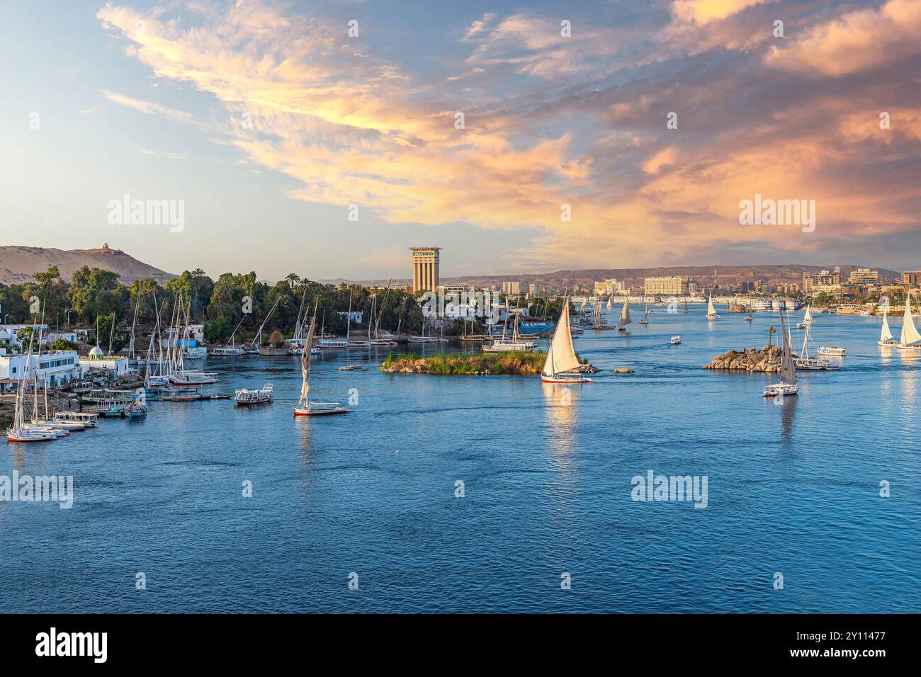 A panorama view of Sailboats on the Nile River in Aswan, Egypt Stock ...