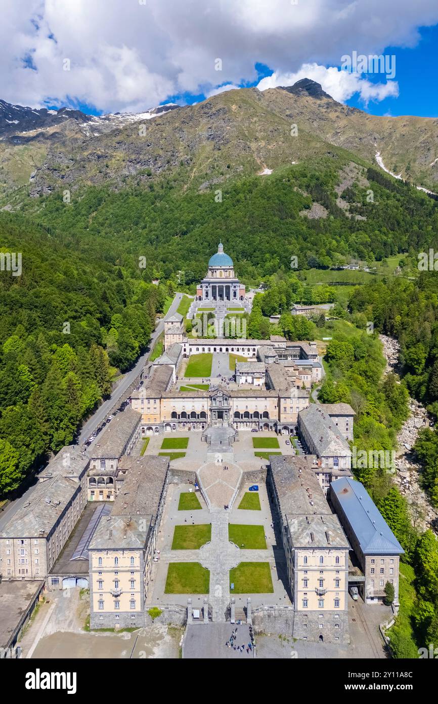 Aerial view of the Sanctuary of Oropa in summer. Biella, Biella district, Piedmont, Italy, Europe. Stock Photo