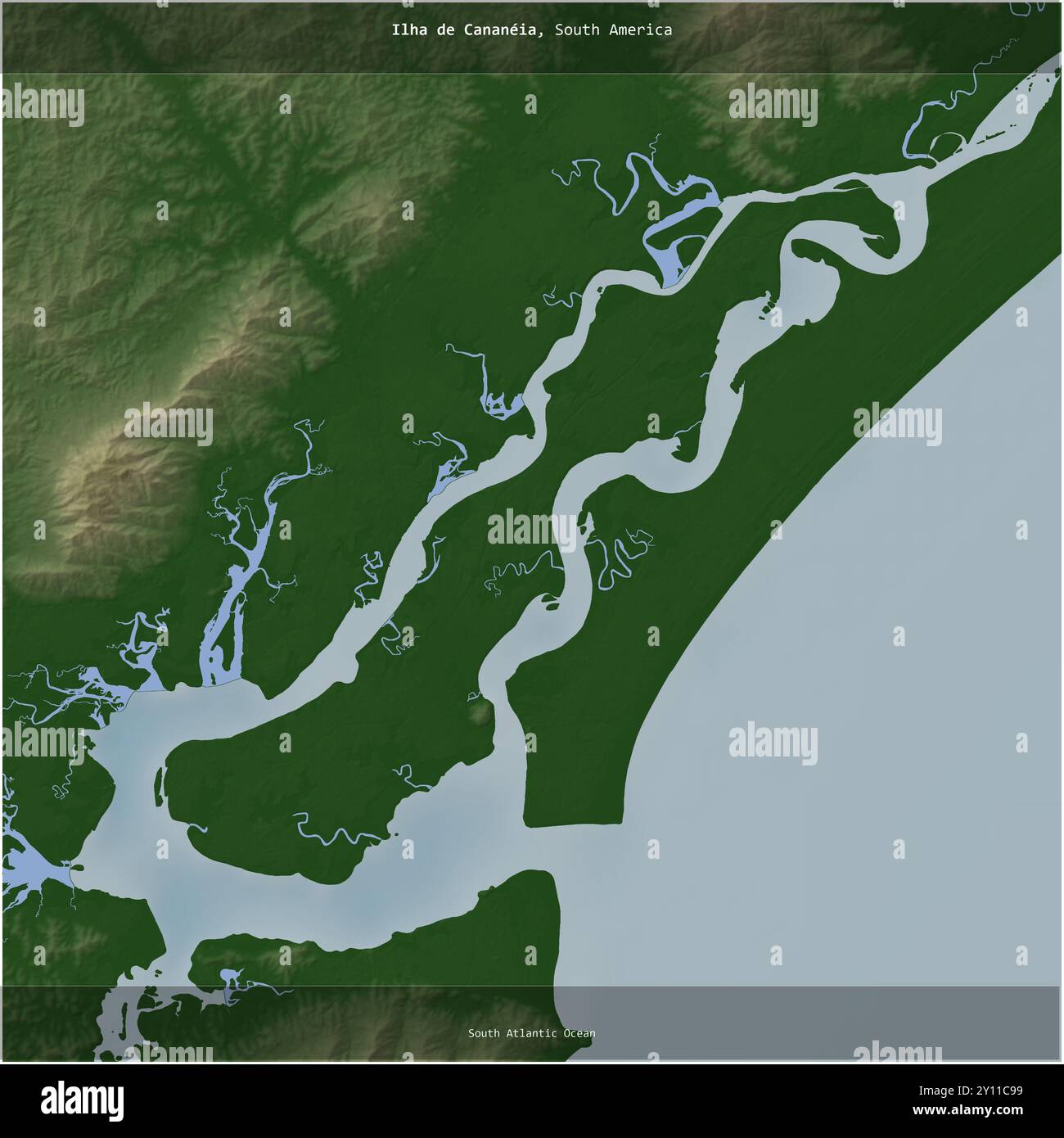 Ilha de Cananeia in the South Atlantic Ocean, belonging to Brazil, cropped to square on a colored elevation map Stock Photo