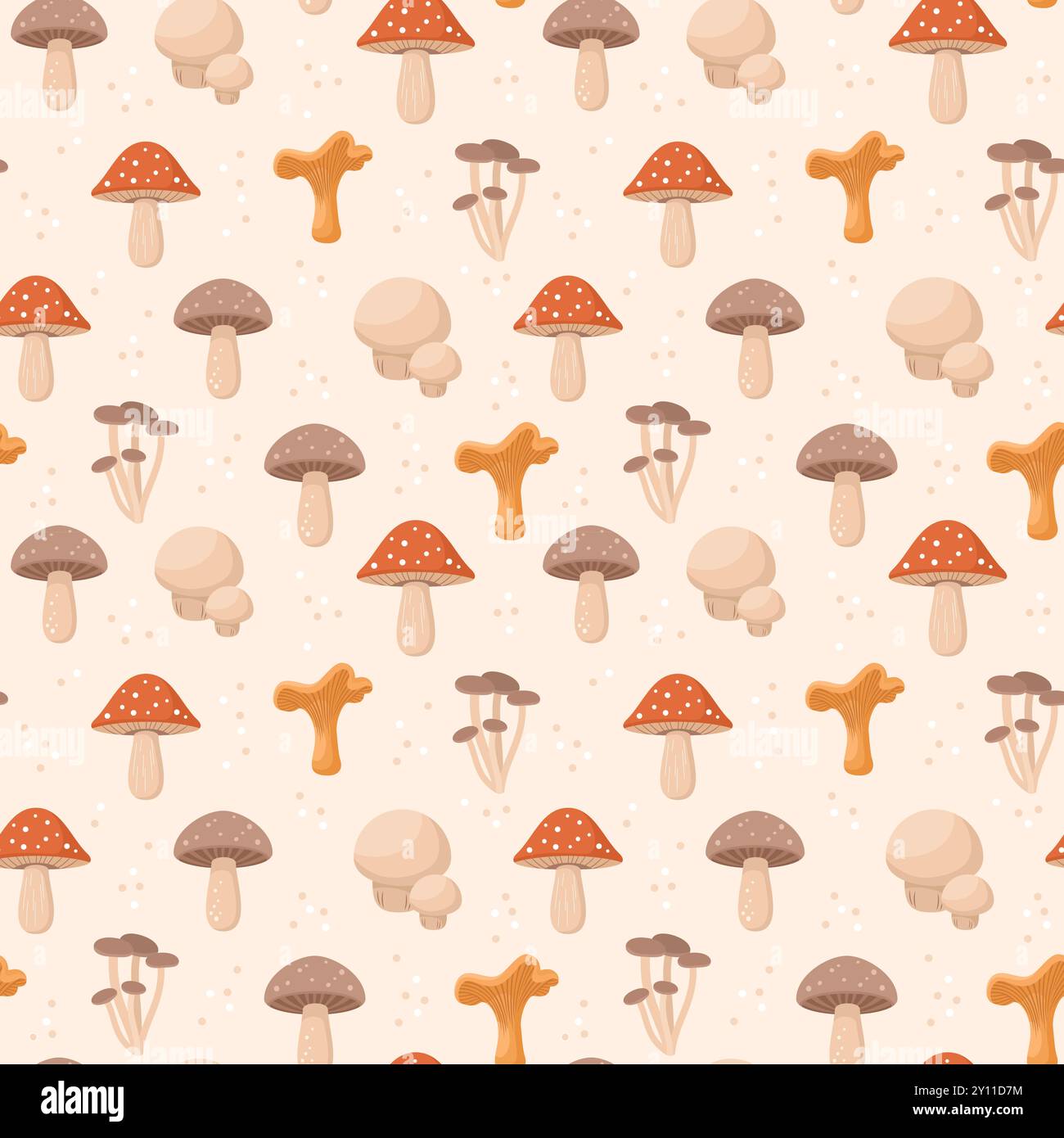 Seamless pattern with forest mushrooms on a beige background. Flat vector illustration Stock Vector