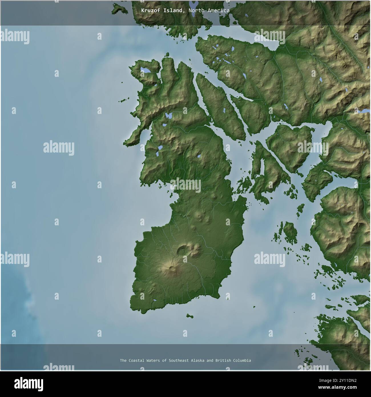 Kruzof Island in the The Coastal Waters of Southeast Alaska and British Columbia, belonging to United States, cropped to square on a colored elevation Stock Photo