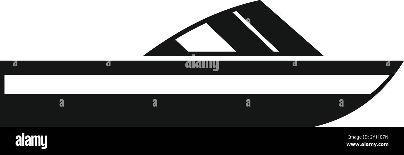 Simple black and white icon of a small motor boat cruising on the water ...