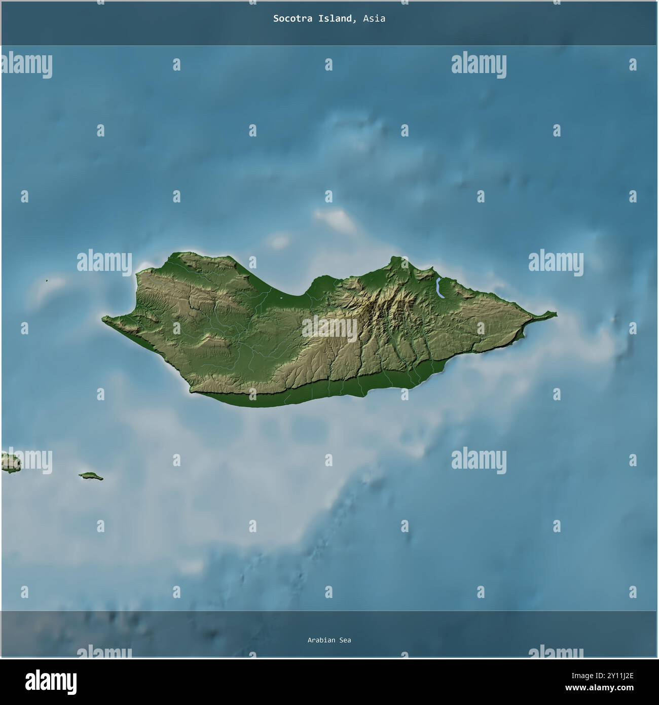 Socotra Island in the Arabian Sea, belonging to Yemen, cropped to square on a colored elevation map Stock Photo