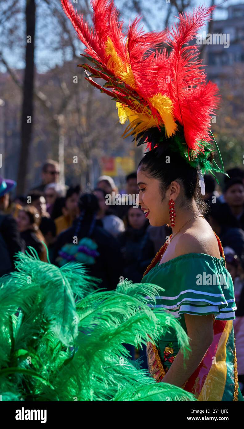 Participants of the Bolivian folklore carnival in the city center of Barcelona, Spain Stock Photo