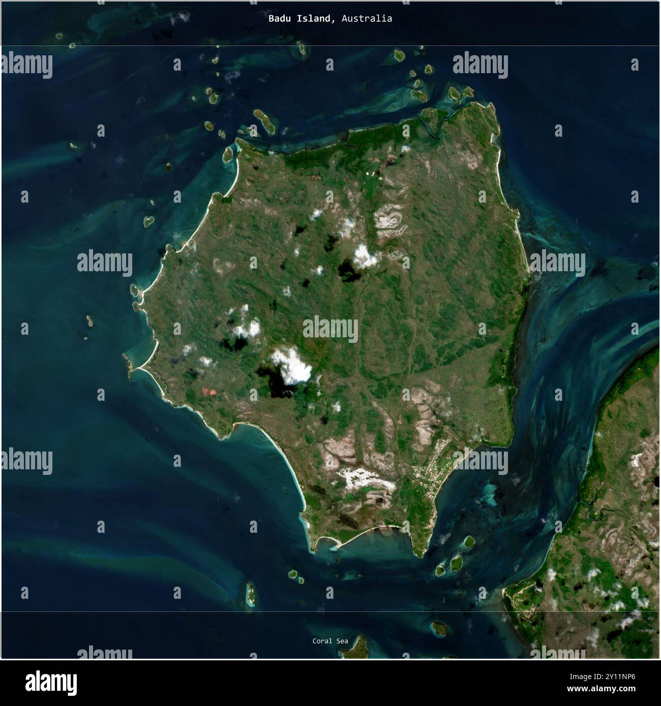 Badu Island in the Coral Sea, belonging to Australia, cropped to square ...