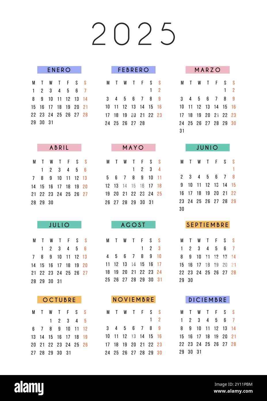 Spanish calendar 2025 year. Vector stationery calendar week starts