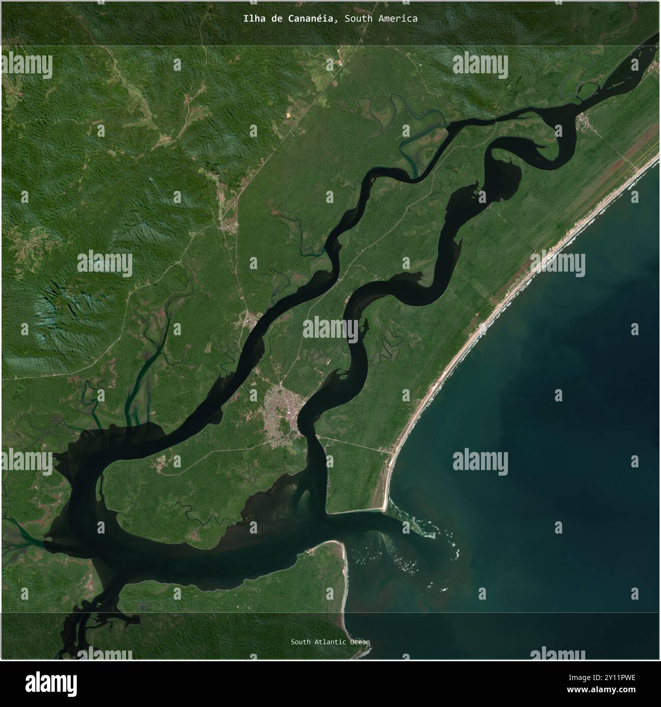 Ilha de Cananeia in the South Atlantic Ocean, belonging to Brazil, cropped to square on a satellite image taken in August 7, 2023 Stock Photo