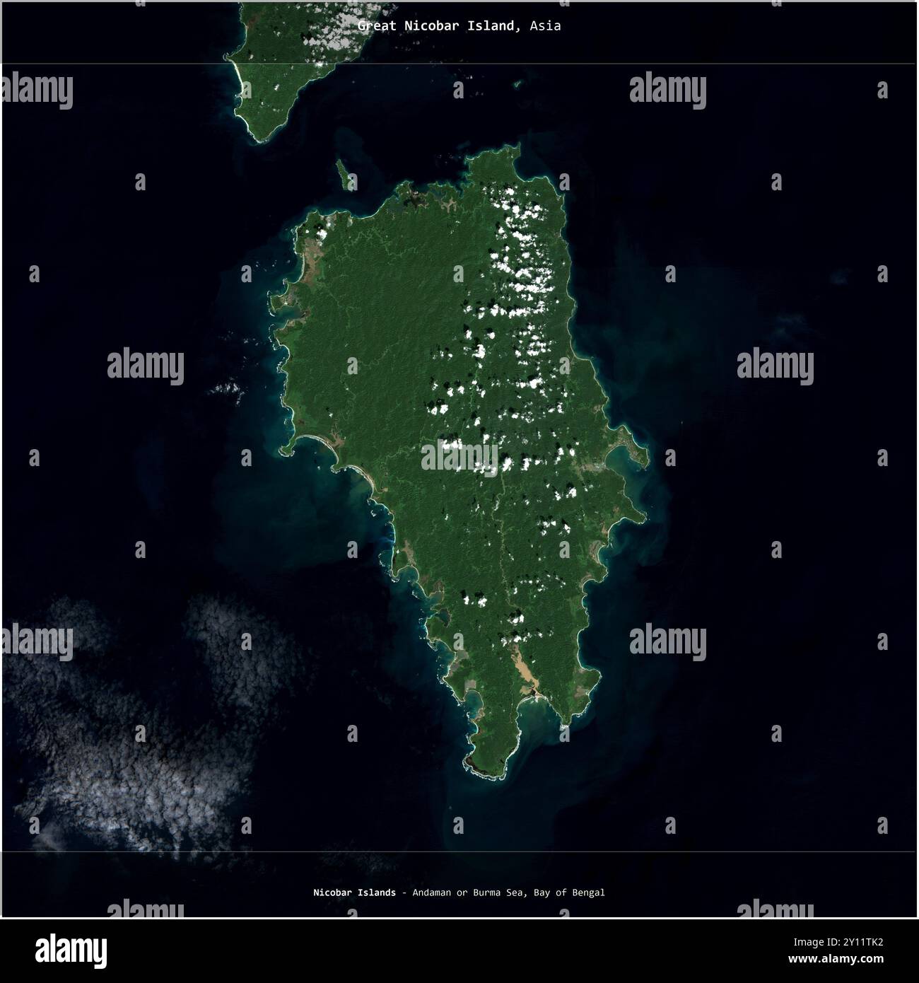 Great Nicobar Island in the Bay of Bengal, belonging to India, cropped to square on a satellite image taken in December 23, 2022 Stock Photo