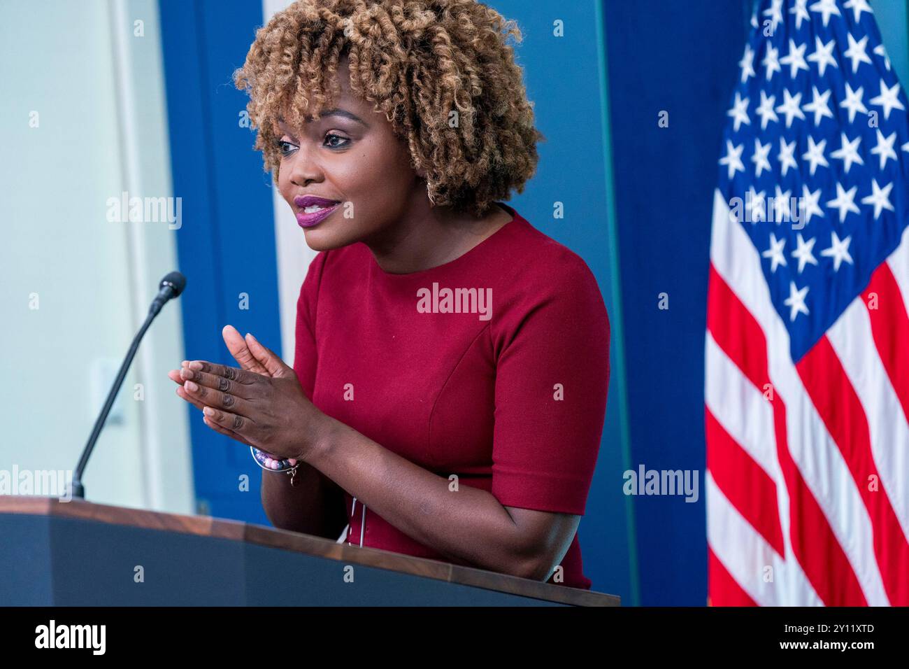 Washington, United States. 04th Sep, 2024. White House Press Secretary Karine Jean-Pierre delivers remarks on the Georgia school shooting during the daily briefing in the James Brady Press Briefing Room of the White House in Washington, DC on September 4, 2024. Four people were killed and 9 others were wounded in a shooting at Apalachee High School near Winder, Georgia. Photo by Shawn Thew/UPI Credit: UPI/Alamy Live News Stock Photo