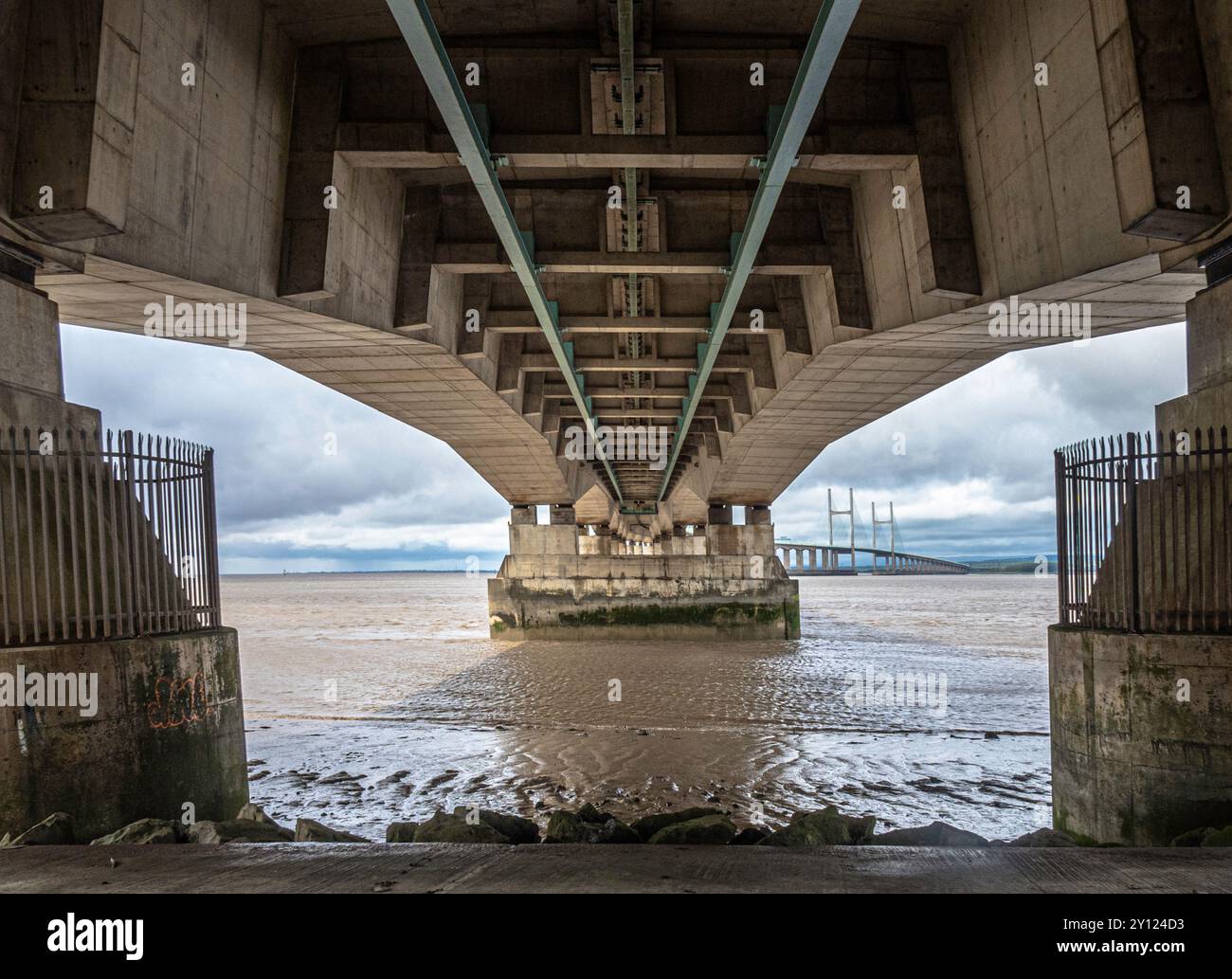 View from under The Prince of Wales Bridge crossing the River Seven from England to Wales Stock Photo