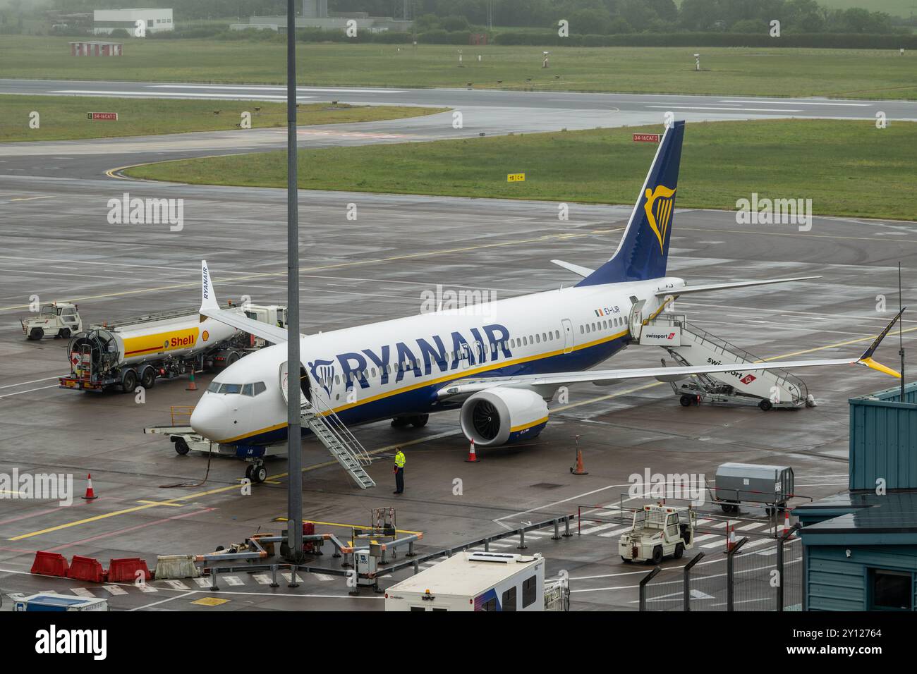 Ryanair Boeing 737-8200 MAX EI-IJR sits on the apron at Cork Airport (ORK), Ireland. Stock Photo