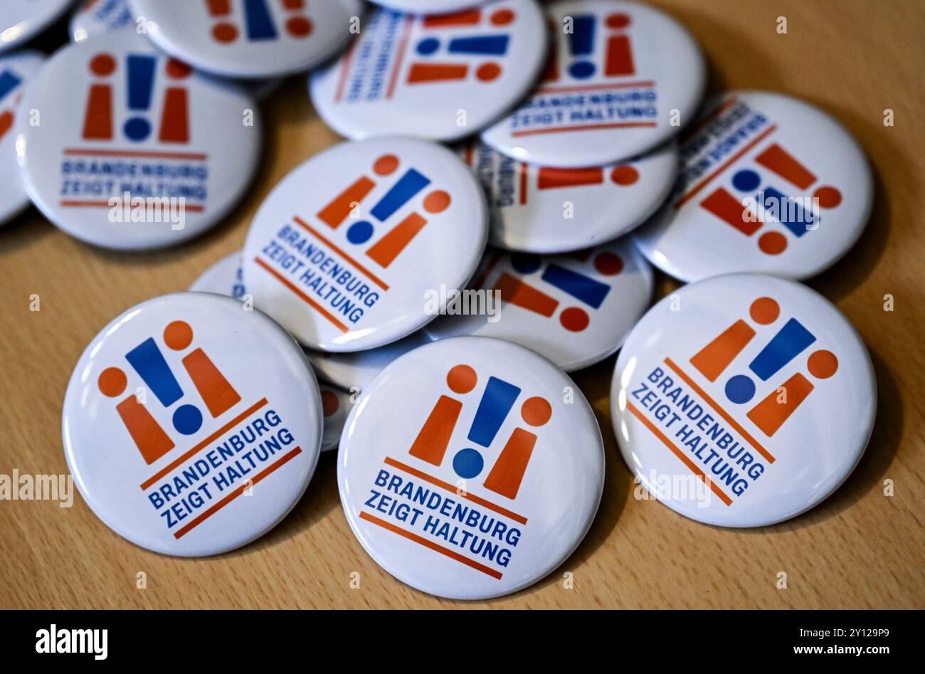 Potsdam, Germany. 04th Sep, 2024. Buttons with the inscription 'Brandenburg shows attitude'. The campaign is a joint effort by the Amadeu Antonio Foundation, BBU Association of Berlin-Brandenburg Housing Companies, Caritas Association Berlin, DGB Berlin-Brandenburg, Evangelical Church Berlin-Brandenburg-Upper Silesian Lusatia (EKBO), Archdiocese of Berlin and many others. Credit: Jens Kalaene/dpa/Alamy Live News Stock Photo