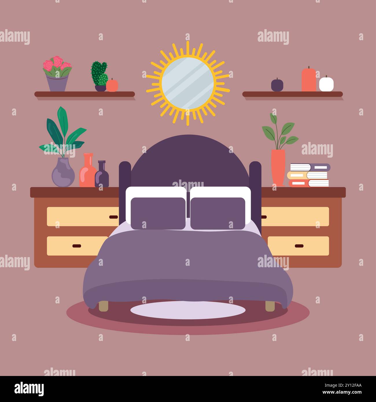 Cozy bedroom with double bed and warm decor Vector Stock Vector Image ...