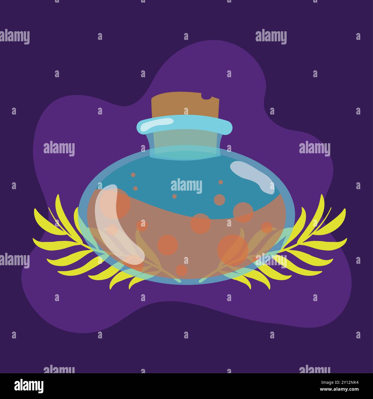 Potion bottle with glowing liquid on purple background Vector Stock Vector