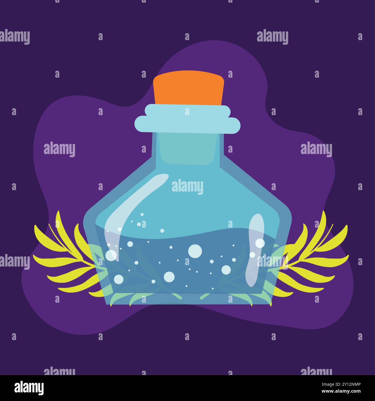 Potion bottle with glowing liquid on purple background Vector Stock Vector