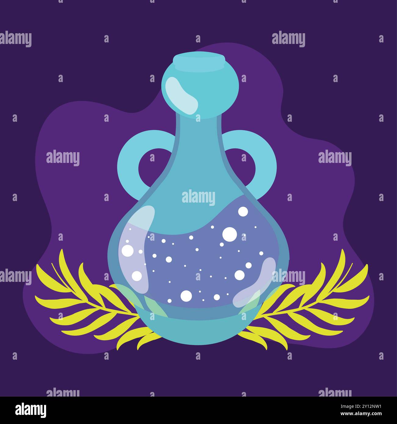 Potion bottle with glowing liquid on purple background Vector Stock Vector