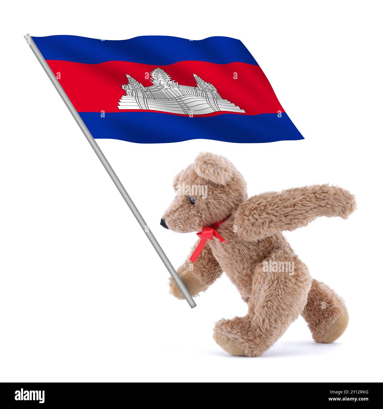 Cambodia flag being carried by a cute teddy bear Stock Photo
