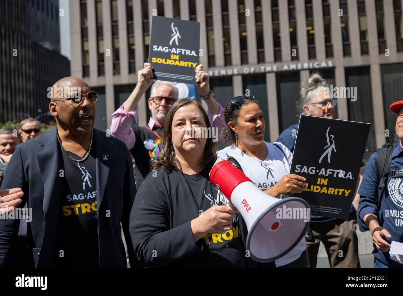 New York Executive Director for SAG-AFTRA (Screen Actors Guild-American Federation of Television and Radio Artists) Rebecca Damon speaks in solidarity at a rally for The American Federation of Musicians (AFM), outside of Rockefeller Center as negotiations begin for a new contract with the Alliance of Motion Picture and Television Producers (AMPTP). After a year in which both actors and writers hit the picket lines, many fear another Hollywood strike may be on the horizon. (Photo by Michael Nigro/Pacific Press) Stock Photo