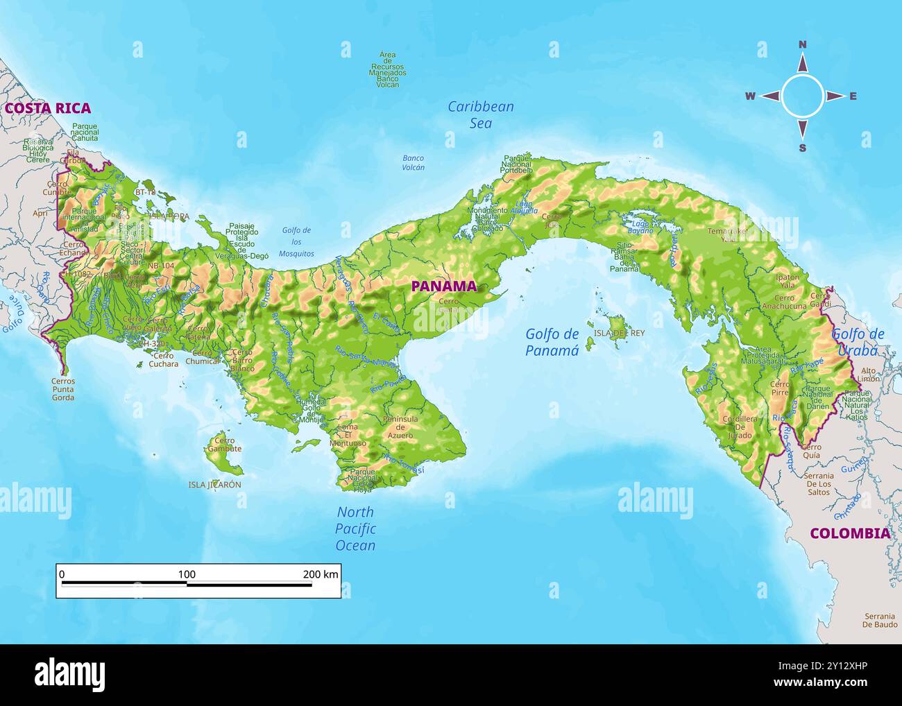 Panama Physical Map With National Borders Rivers And Lakes Mountains Panama Physical Map With National Borders Rivers And Lakes Mountains Parks Labeling 2Y12XHP 