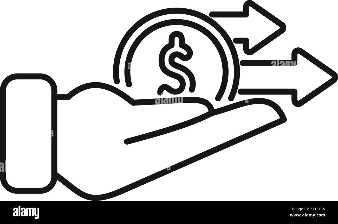 Open hand holding a coin with a dollar sign, sending money transaction with three arrows Stock Vector