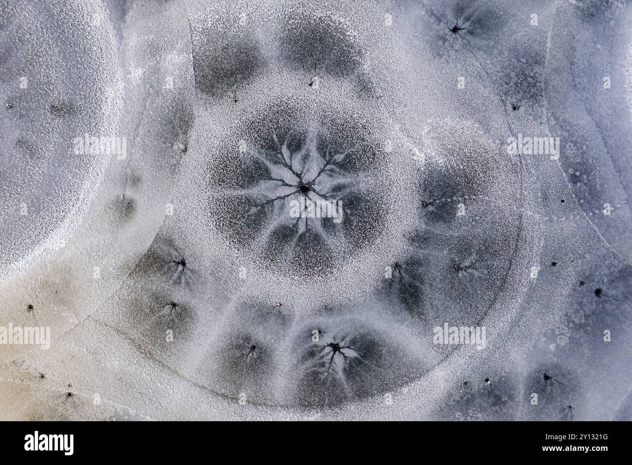 Aerial view of ice formations on a frozen lake, winter, Riegsee, Alpine ...