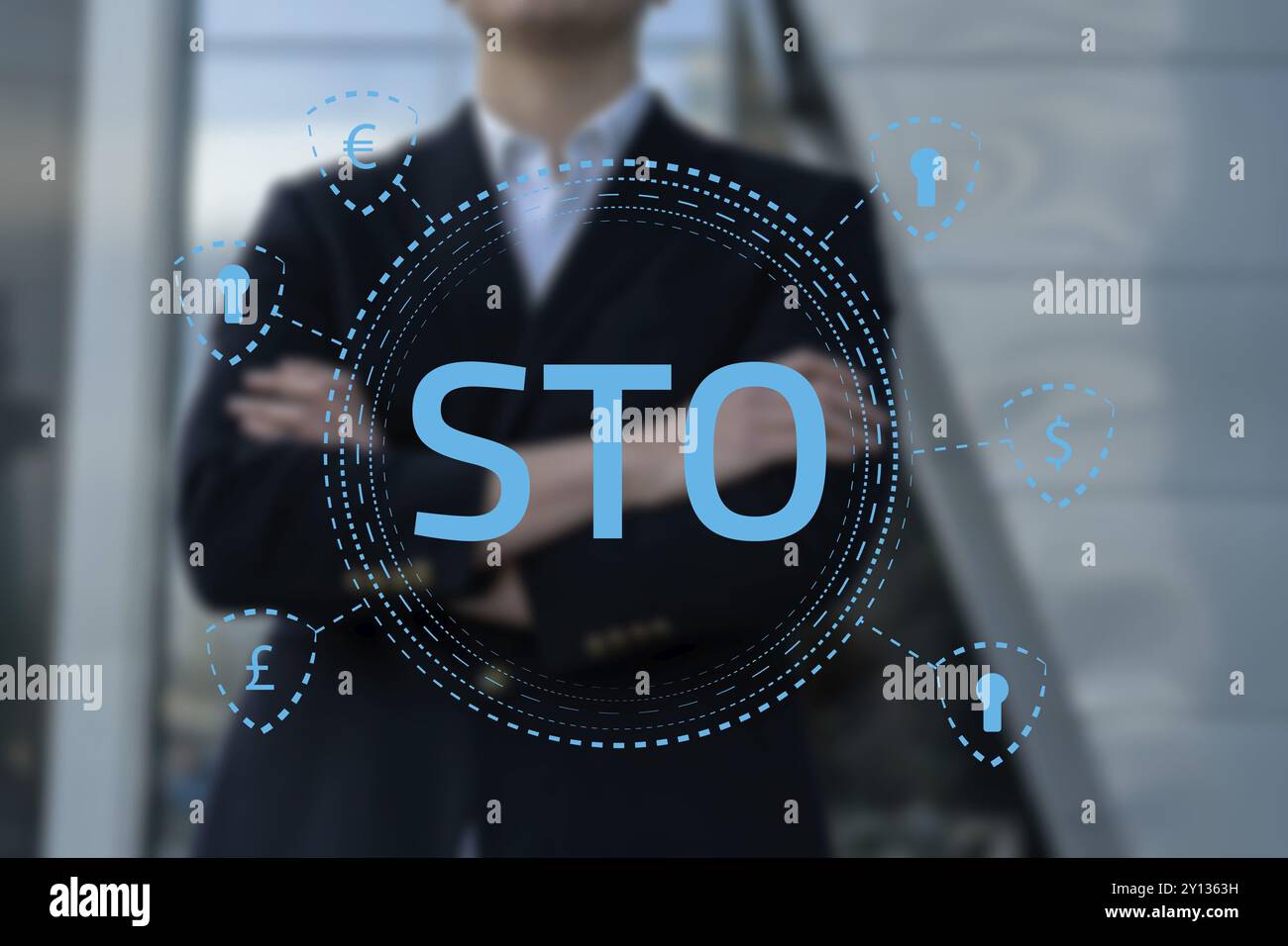 Security Token Offering STO cryptocurrency and blockchain concept,  businessman pressing virtual graphics on virtual screens Stock Photo - Alamy