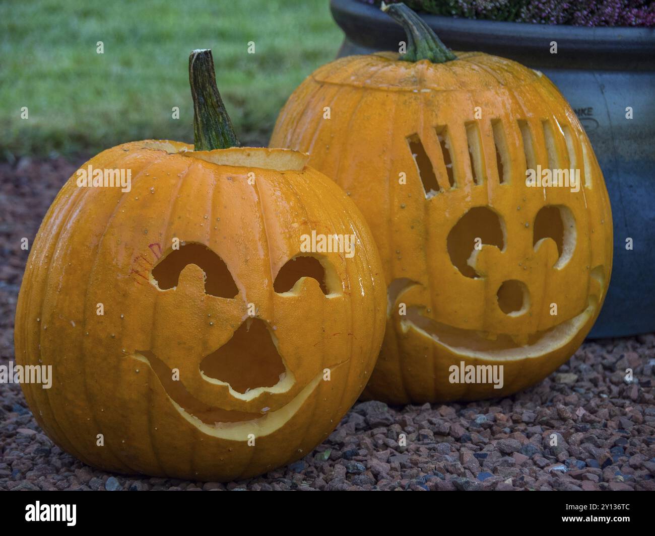 Two carved Halloween pumpkins with cheerful faces standing on the floor ...