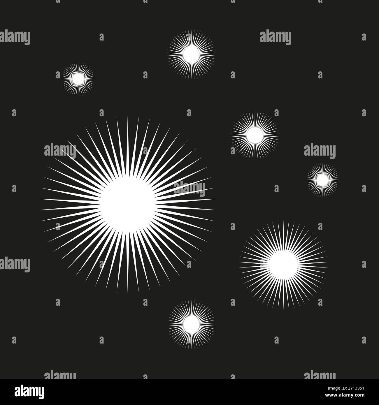 Radiating starburst shapes. Bright white rays. Symmetrical light bursts. Vector abstract pattern. Stock Vector