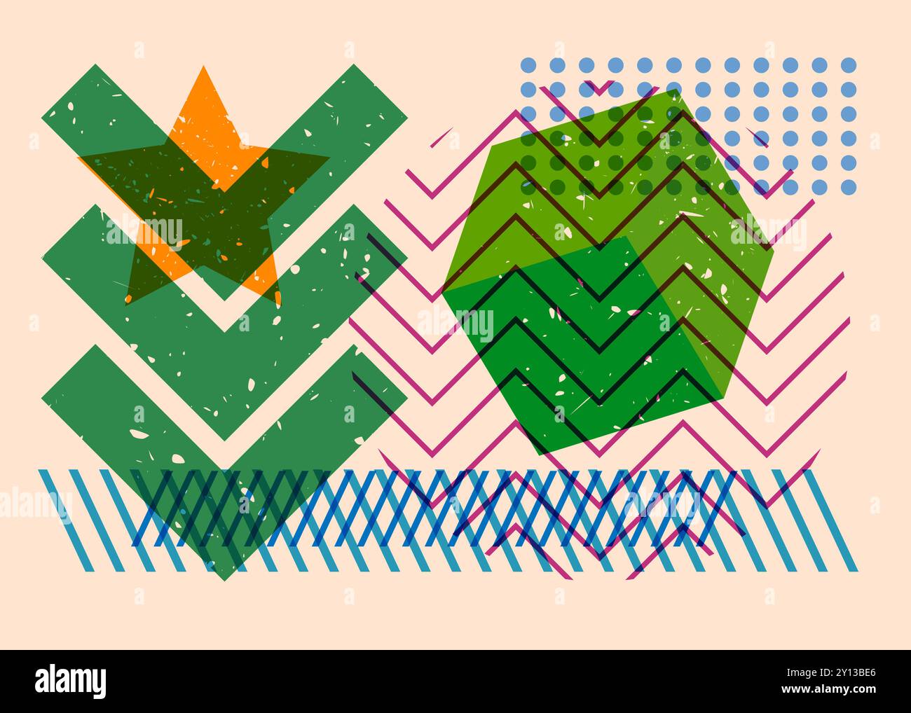 Artistic object in trendy riso graph design. Colorful geometric shapes. Geometry elements abstract risograph print texture style. Stock Vector