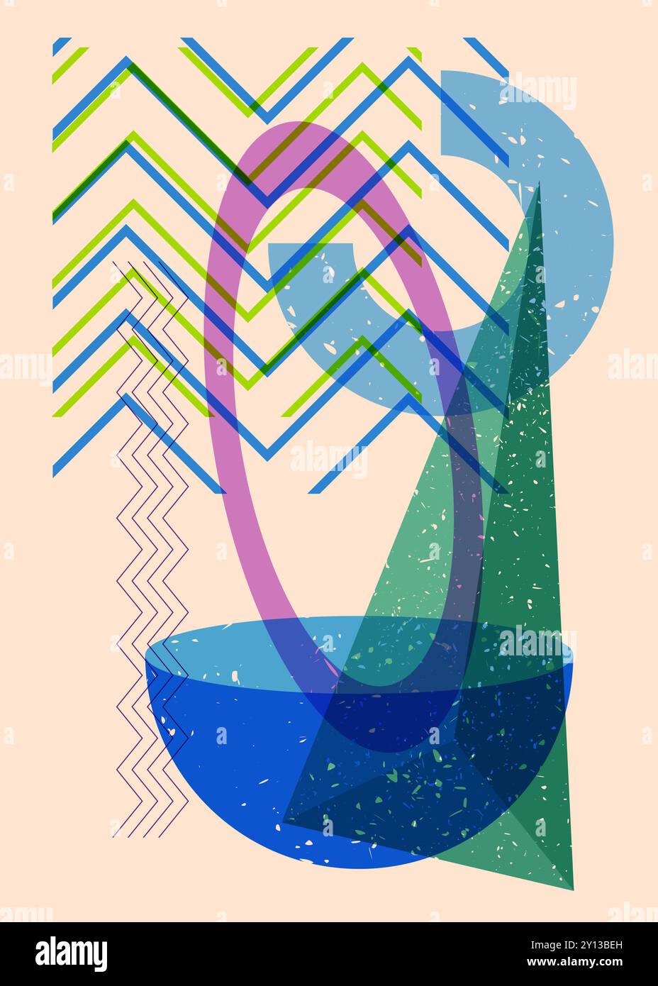Artistic object in trendy riso graph design. Colorful geometric shapes. Geometry elements abstract risograph print texture style. Stock Vector