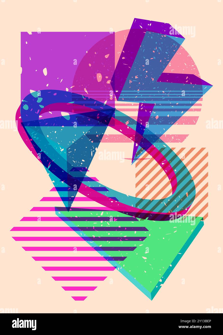 Artistic object in trendy riso graph design. Colorful geometric shapes. Geometry elements abstract risograph print texture style. Stock Vector