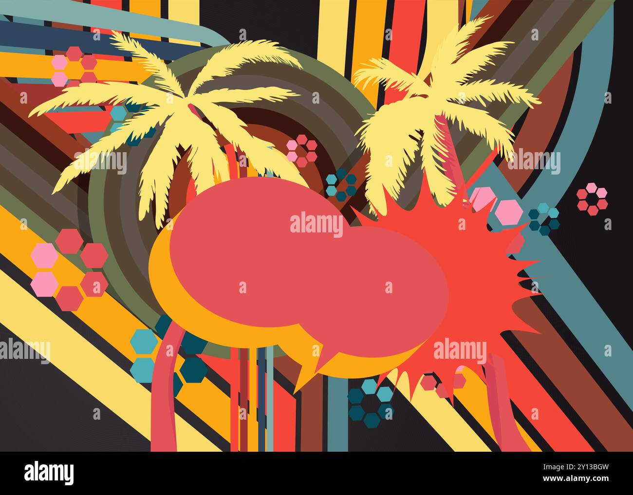 Retro 70s Background with Palm Tree and speech bubble. Groovy Tourist Resort 1970s art template. Minimalistic Vintage design poster. Old-fashioned col Stock Vector