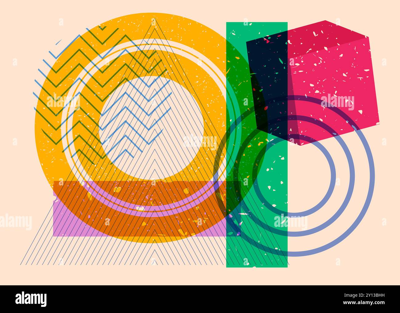 Artistic object in trendy riso graph design. Colorful geometric shapes. Geometry elements abstract risograph print texture style. Stock Vector