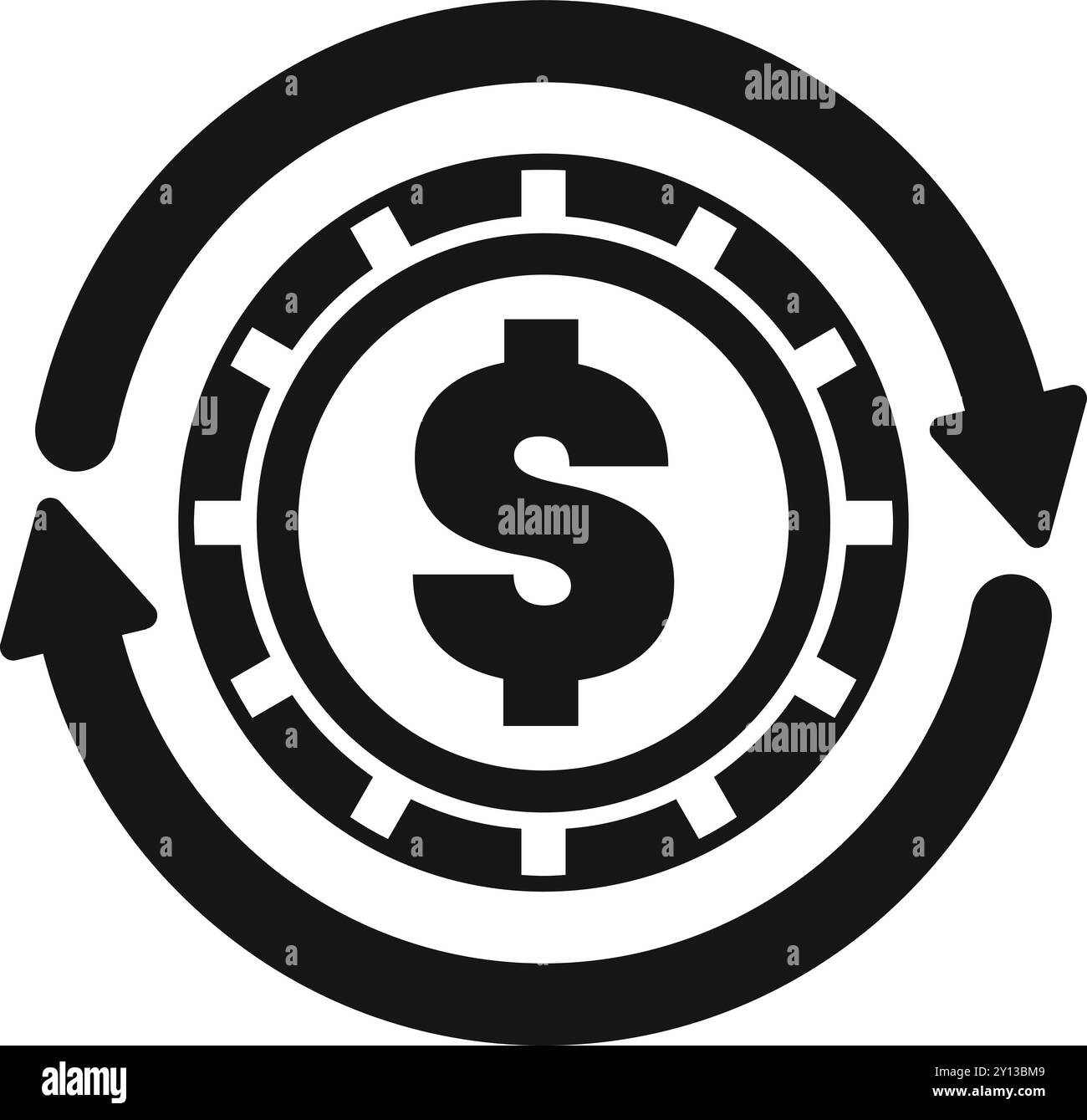 Black and white icon of a money coin rotating with two circular arrows ...