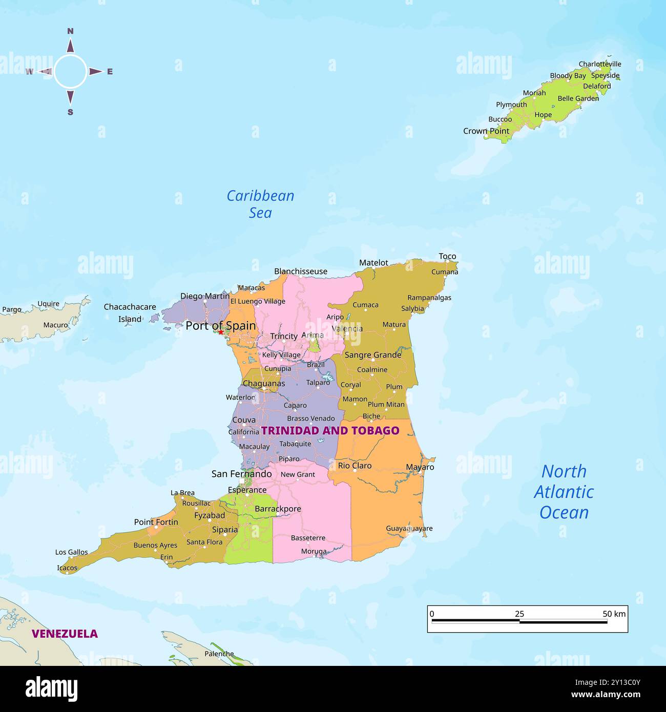 Trinidad And Tobago Political Map With Capital Cities Towns Trinidad And Tobago Political Map With Capital Cities Towns National Borders Rivers And Lakes Labeling 2Y13C0Y