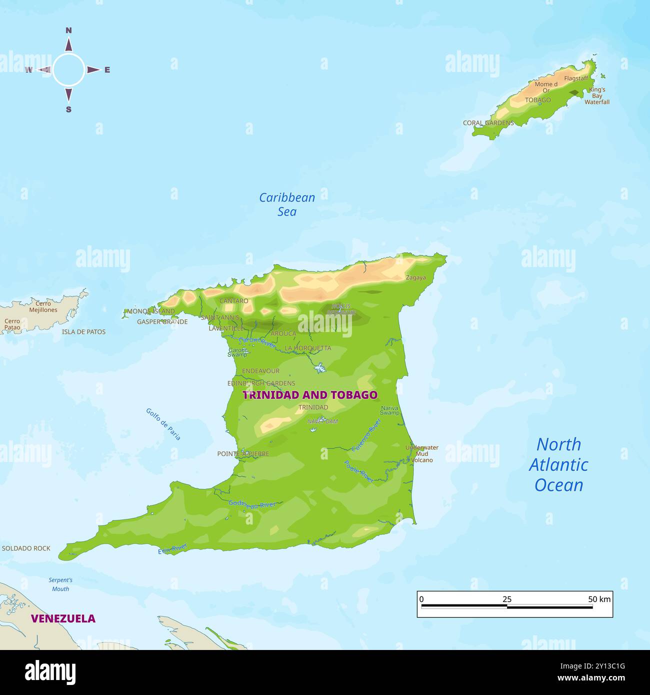 Trinidad And Tobago Physical Map With National Borders Rivers And Trinidad And Tobago Physical Map With National Borders Rivers And Lakes Mountains Parks Labeling 2Y13C1G