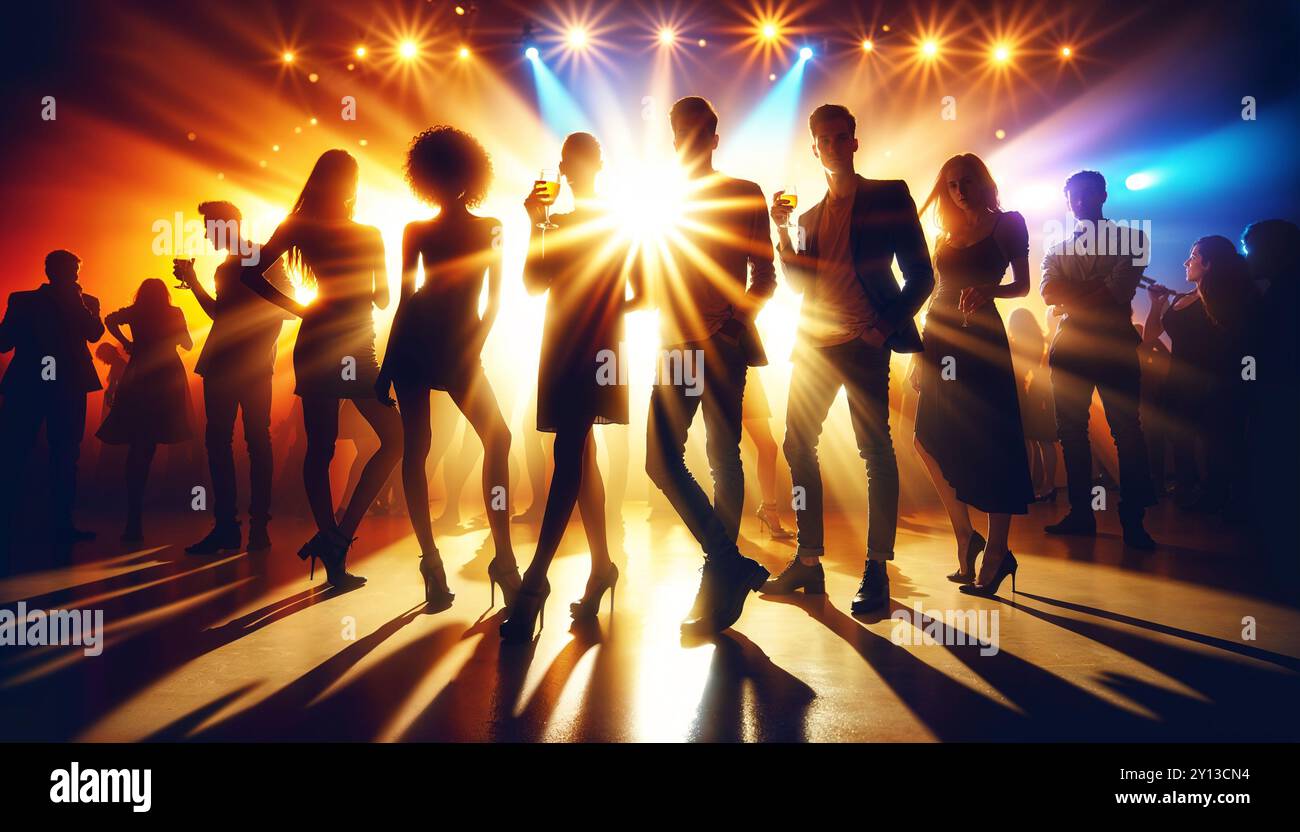 Backlit photo-like illustration of a group of people posing as ...