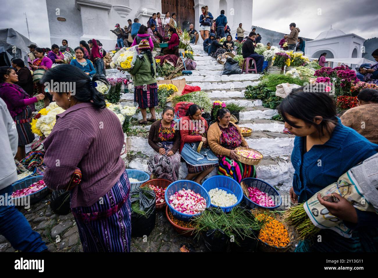 market of the historical center, and ancient steps of the Mayan temple, Chichicastenango, municipality of the department of El Quiché, Guatemala, Central America. Stock Photo