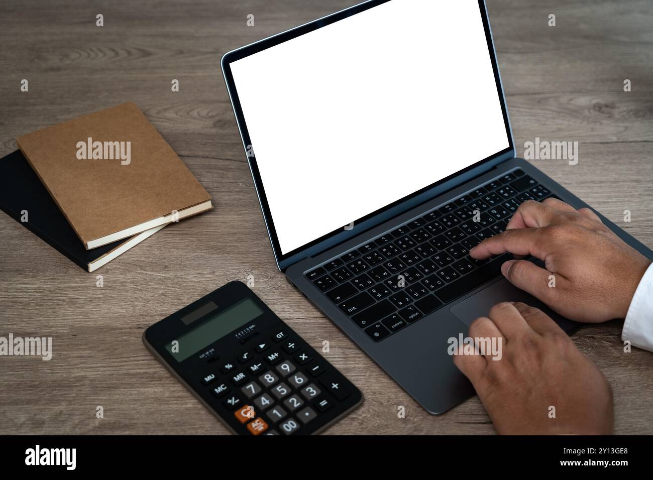 business man working on computer looking at blank white computer screen copy space Stock Photo