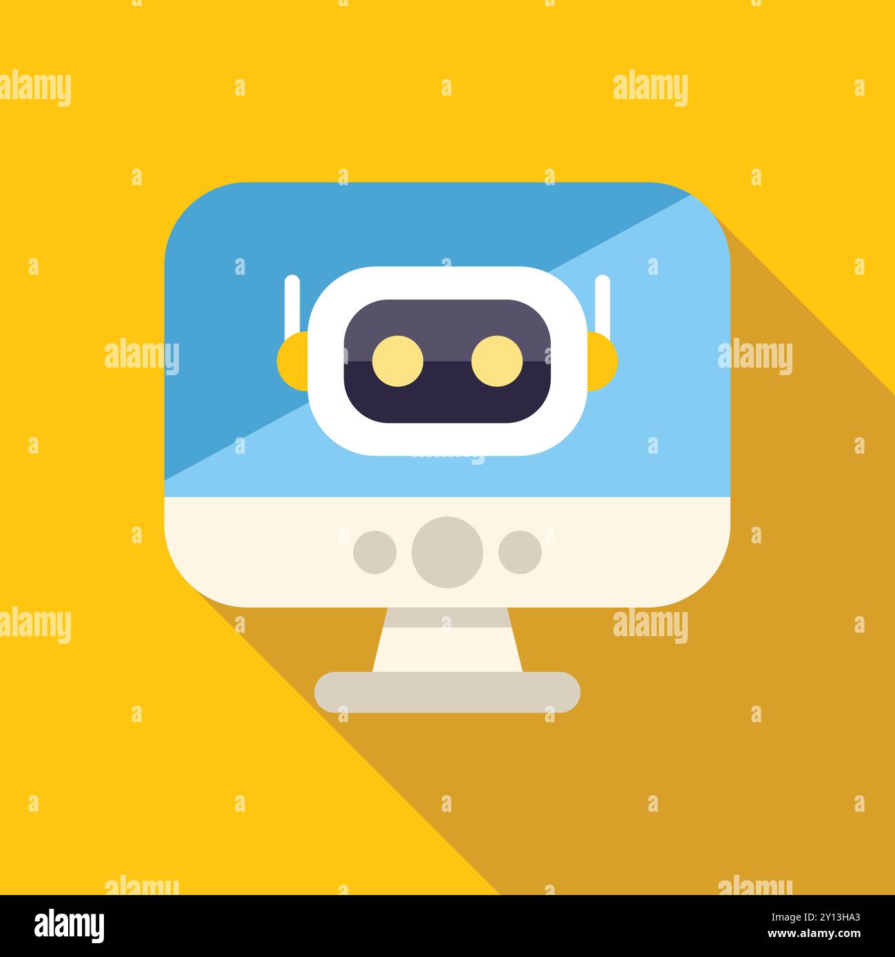 White robot head with yellow antennas is displaying on a blue computer screen Stock Vector