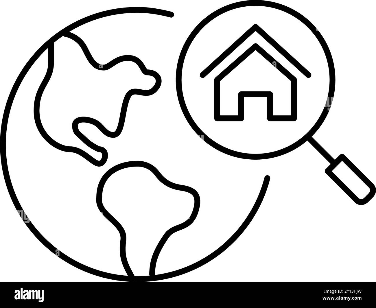 Earth globe with magnifying glass with house inside. World property search. International home rent service. Pixel perfect vector icon Stock Vector