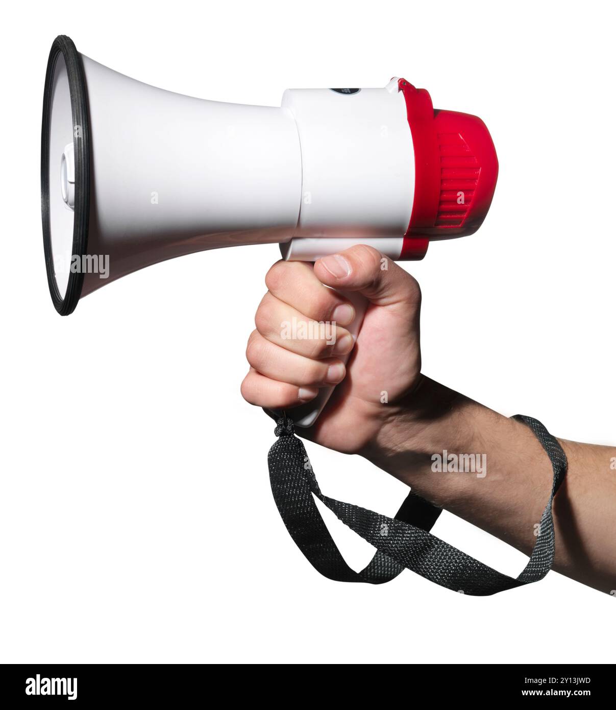 hand holding megaphone isolated on white background Stock Photo - Alamy