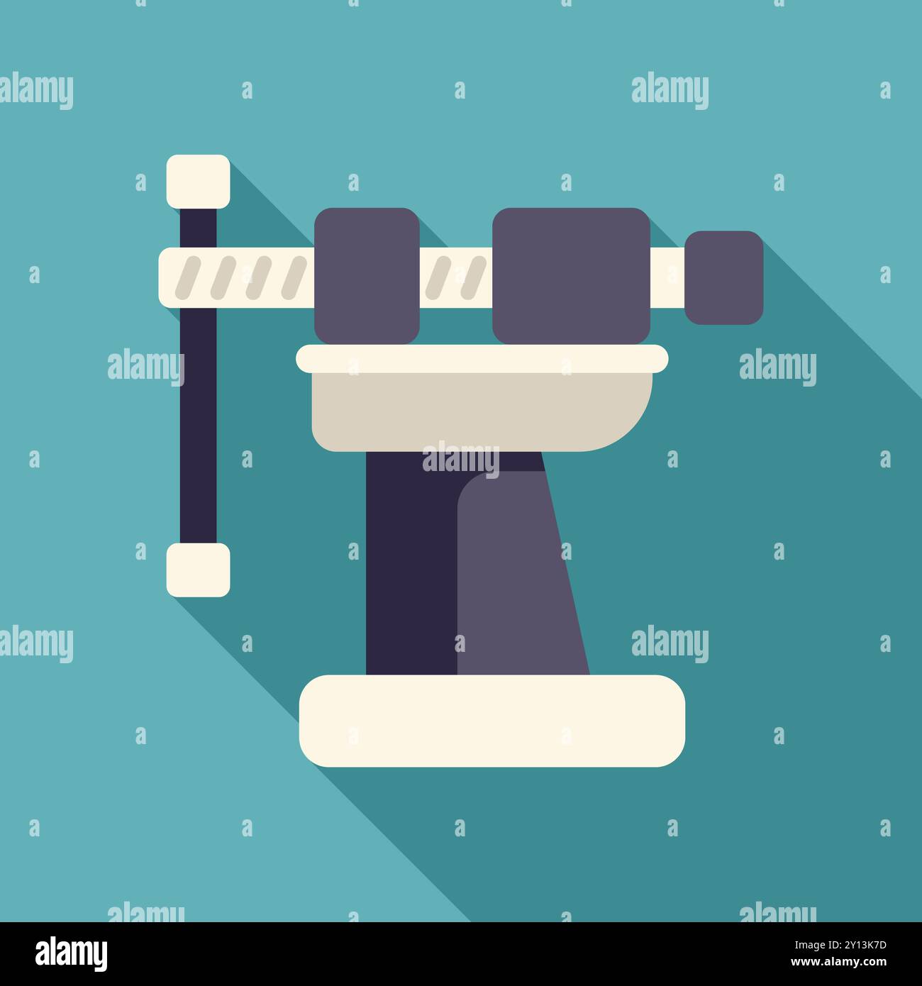 Drill press standing on a workshop table casting a long shadow over a blue background Stock Vector