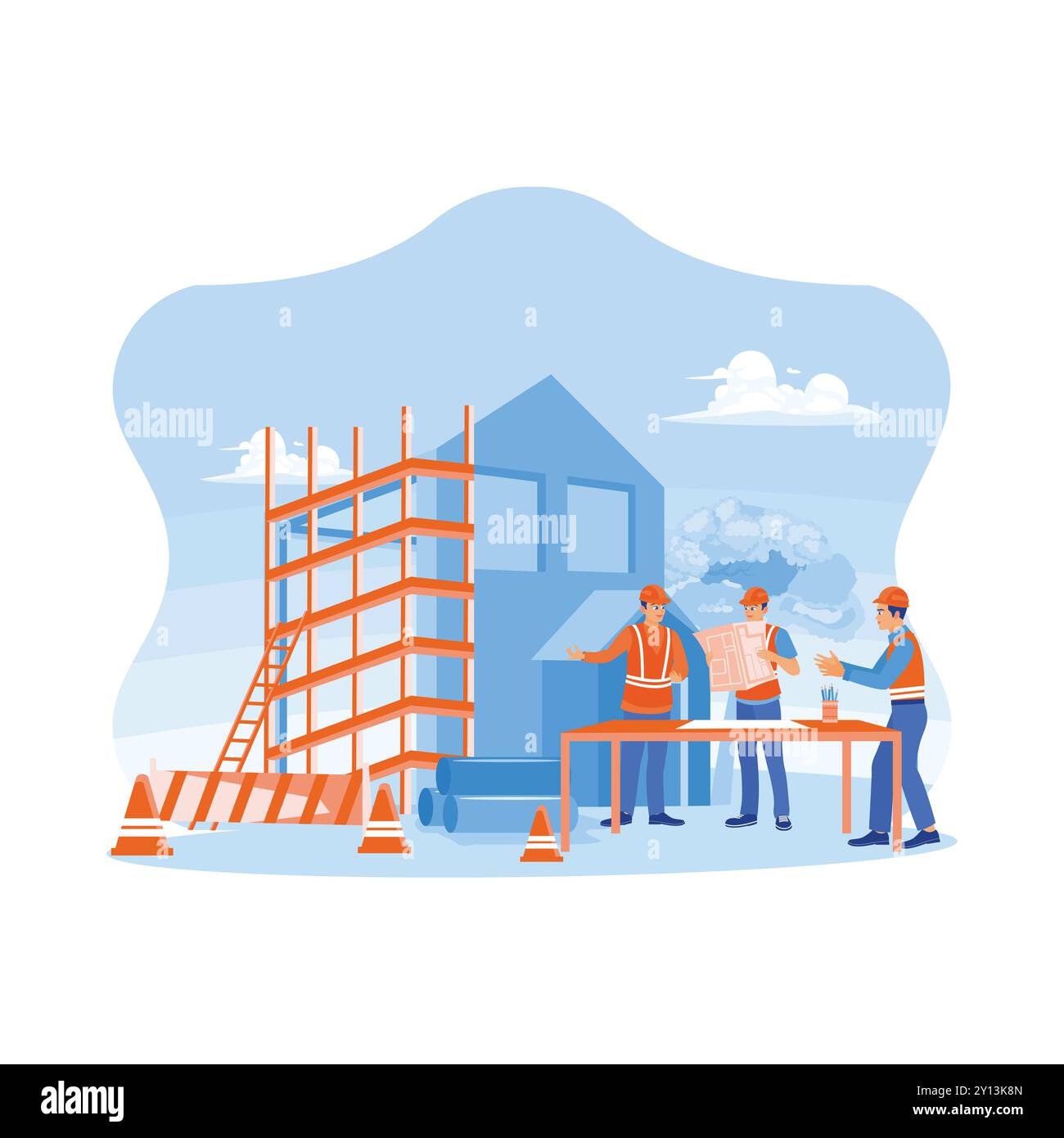 Three construction experts inspect the construction of a real estate project. Civil engineers, architects, business investors and general staff are di Stock Vector