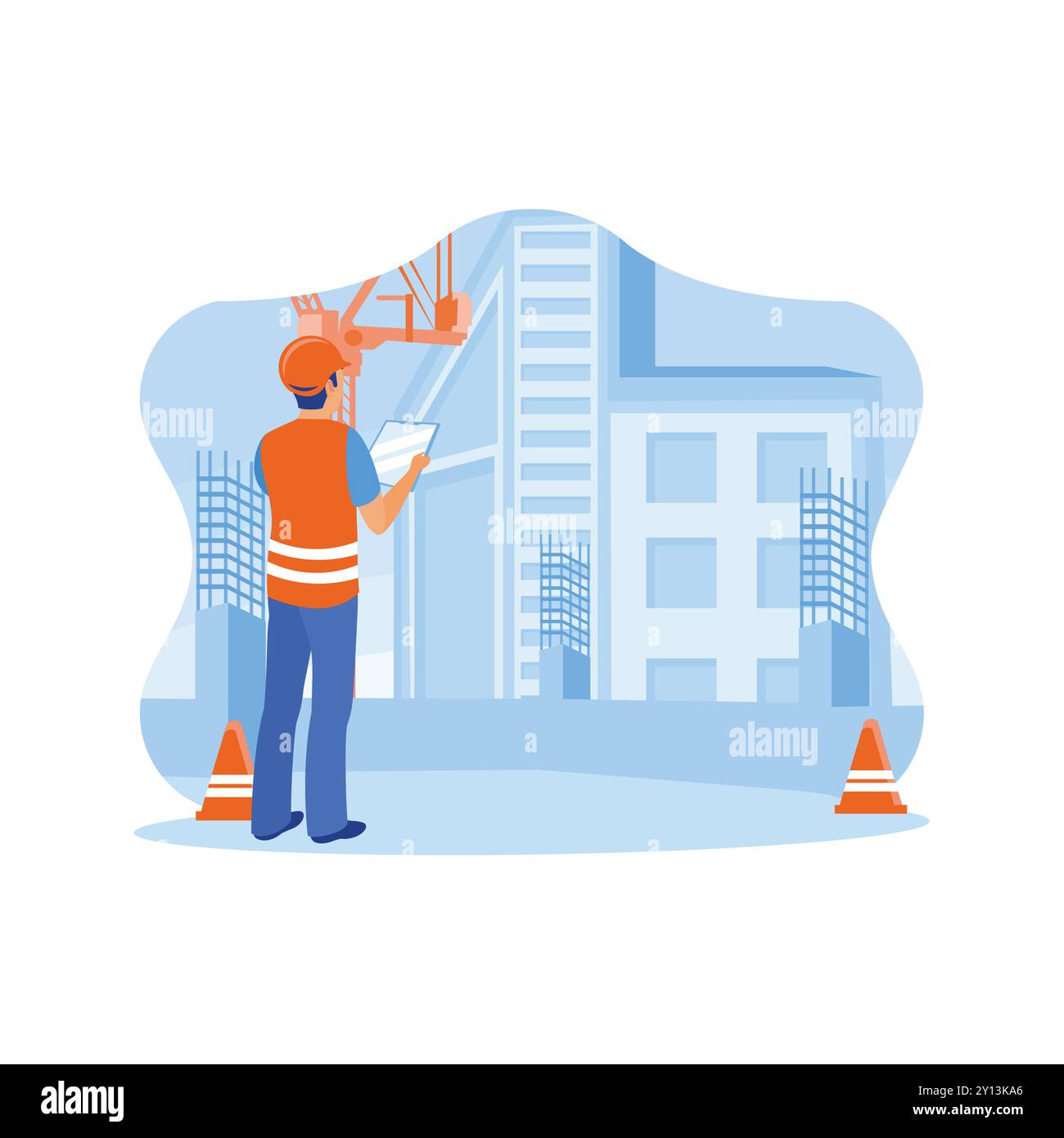 Engineers with safety helmets and notebooks are on a construction site. Engineers are on the roof of the floor with an industrial factory in the backg Stock Vector
